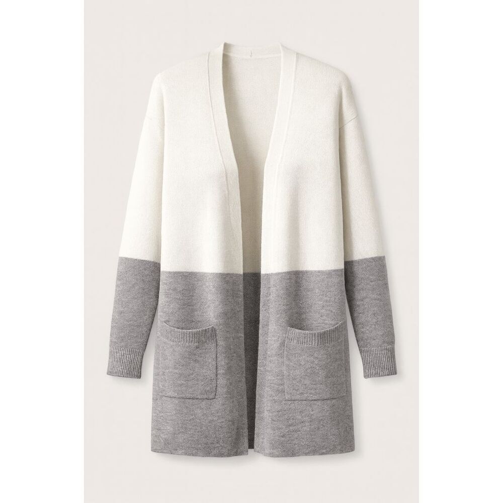 Nautica Women’s Colorblock Open Front Cardigan Cream Gray Sweater with Pockets X